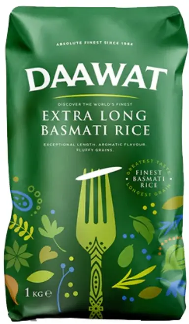 Daawat Basmati Extra Long Rice 1KG (Green Bag)